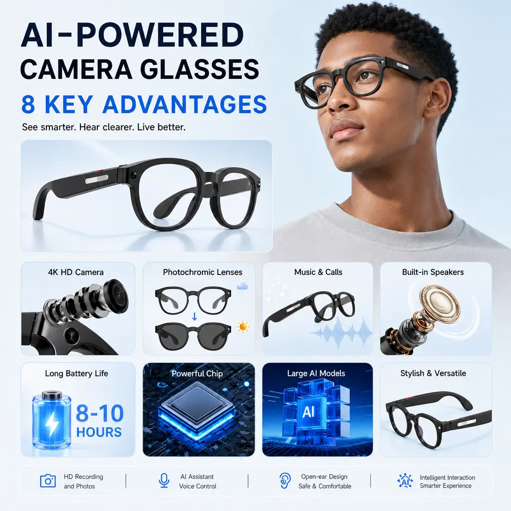 Revolutionary Sightflow Smart AI Camera Glasses with 8MP Photochromic UV-Protection Lenses, Real-Time Translation in 160+ Languages, Bluetooth Audio, and Hands-Free Capture - Perfect for Travel and Daily Adventures, Compatible with iOS & Android