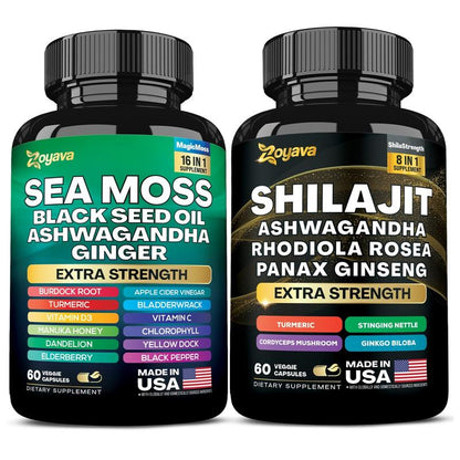 Dynamic Vitality Bundle: Premium Zoyava Sea Moss & Shilajit Supplements - Ultimate All-In-One Multivitamin with Extra Strength - Proudly Made in the USA