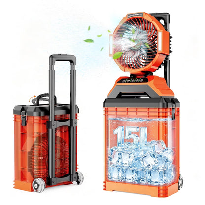 Portable Misting Fan with 15L Bucket, 30000Mah Outdoor Fans with Night Light, 9.5-Inch Camping Fan with Remote Control, 4 Wind Speed & 4 Spray Mister, for Patio,Fishing,Yard,Beach,Golf