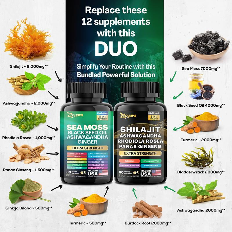Dynamic Vitality Bundle: Premium Zoyava Sea Moss & Shilajit Supplements - Ultimate All-In-One Multivitamin with Extra Strength - Proudly Made in the USA