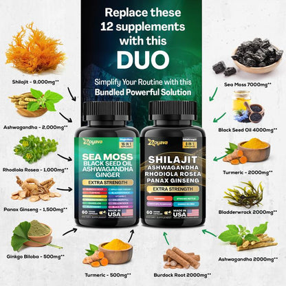 Dynamic Vitality Bundle: Premium Zoyava Sea Moss & Shilajit Supplements - Ultimate All-In-One Multivitamin with Extra Strength - Proudly Made in the USA