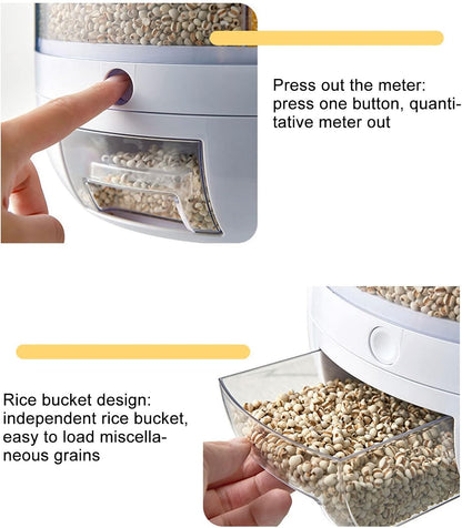Versatile 6-Grid Rice & Grain Storage Container - 360° Rotating Dry Food Dispenser for Home Kitchen (5kg Capacity)