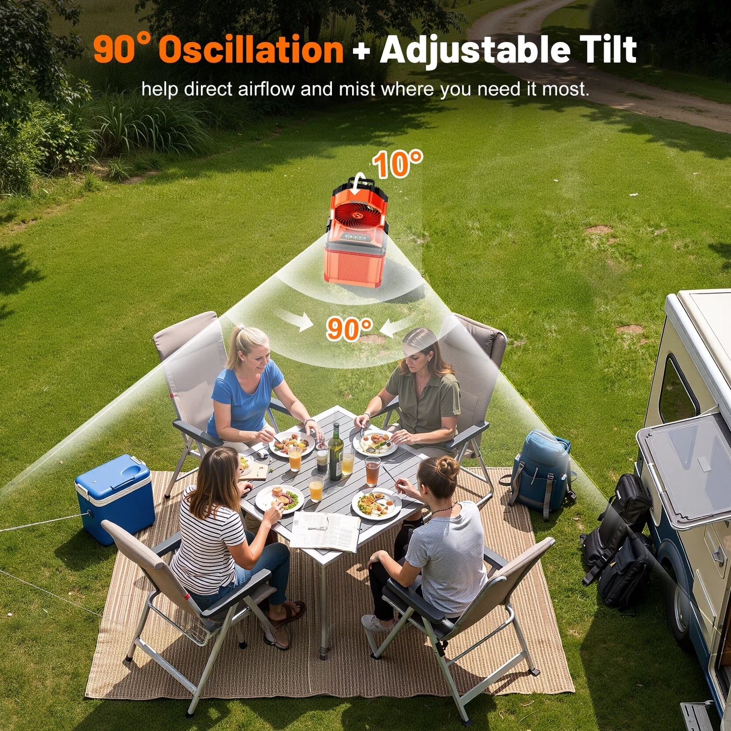 Portable Misting Fan with 15L Bucket, 30000Mah Outdoor Fans with Night Light, 9.5-Inch Camping Fan with Remote Control, 4 Wind Speed & 4 Spray Mister, for Patio,Fishing,Yard,Beach,Golf