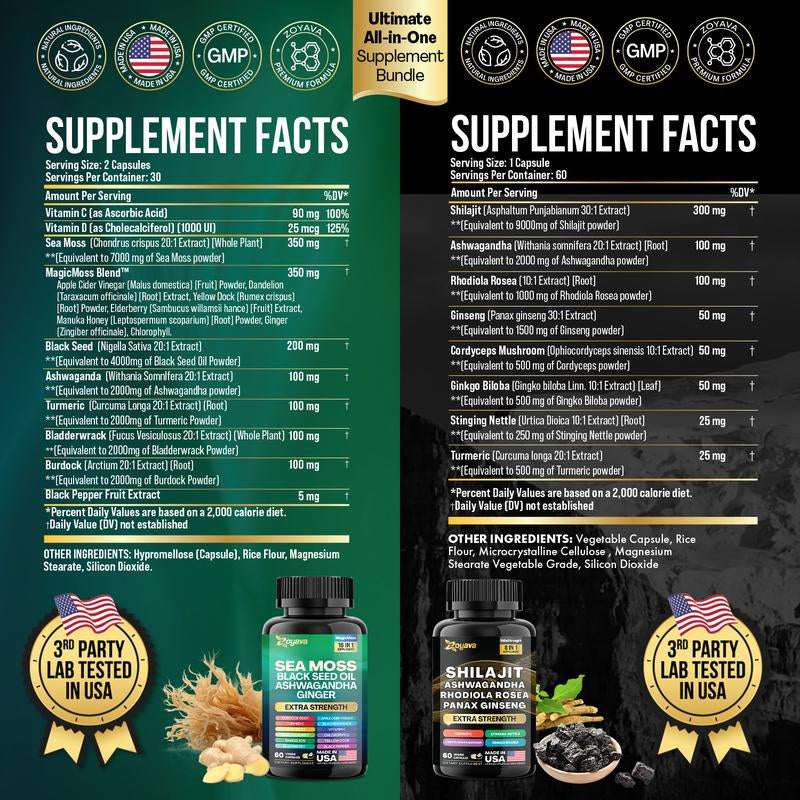 Dynamic Vitality Bundle: Premium Zoyava Sea Moss & Shilajit Supplements - Ultimate All-In-One Multivitamin with Extra Strength - Proudly Made in the USA