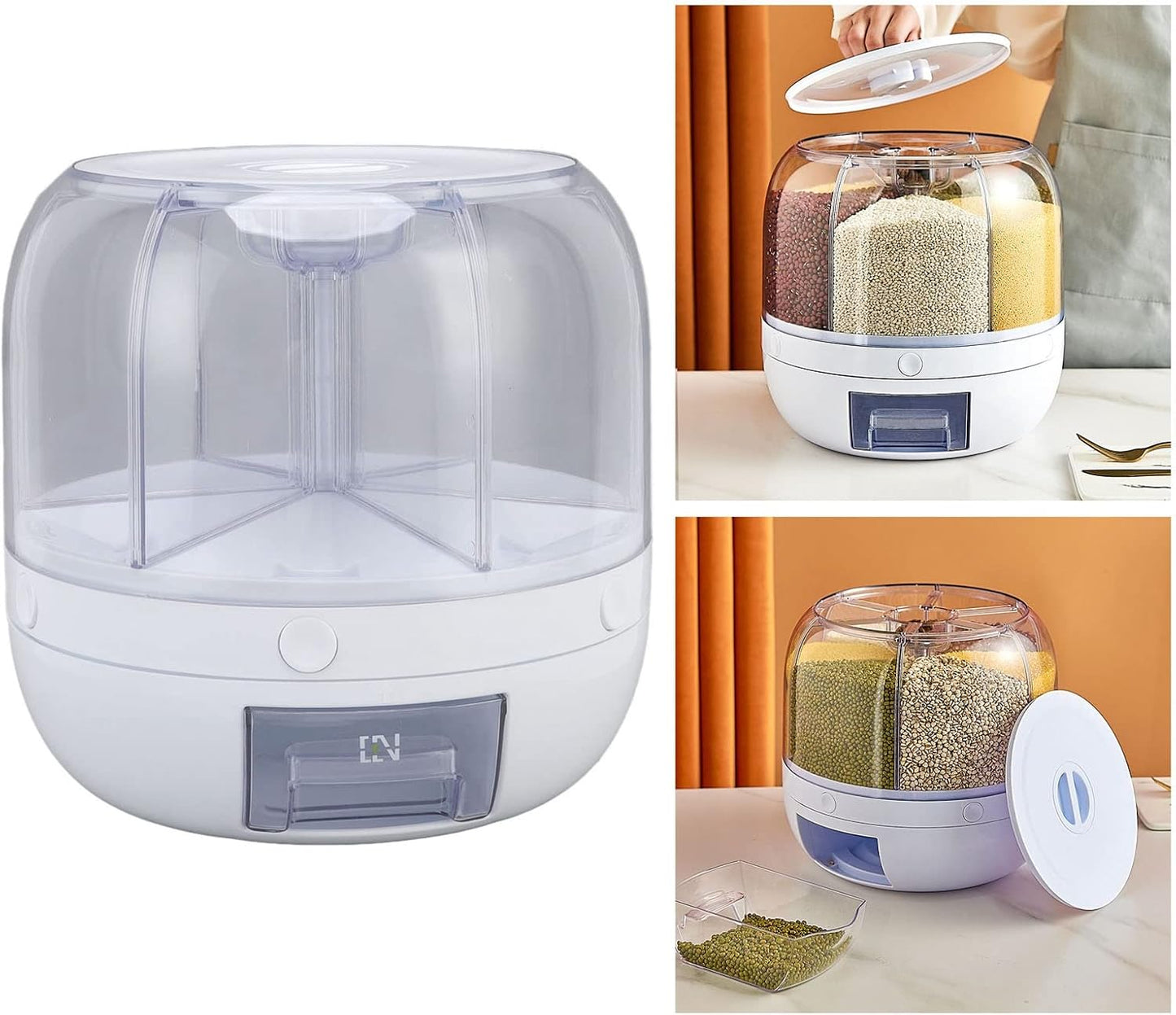 Versatile 6-Grid Rice & Grain Storage Container - 360° Rotating Dry Food Dispenser for Home Kitchen (5kg Capacity)