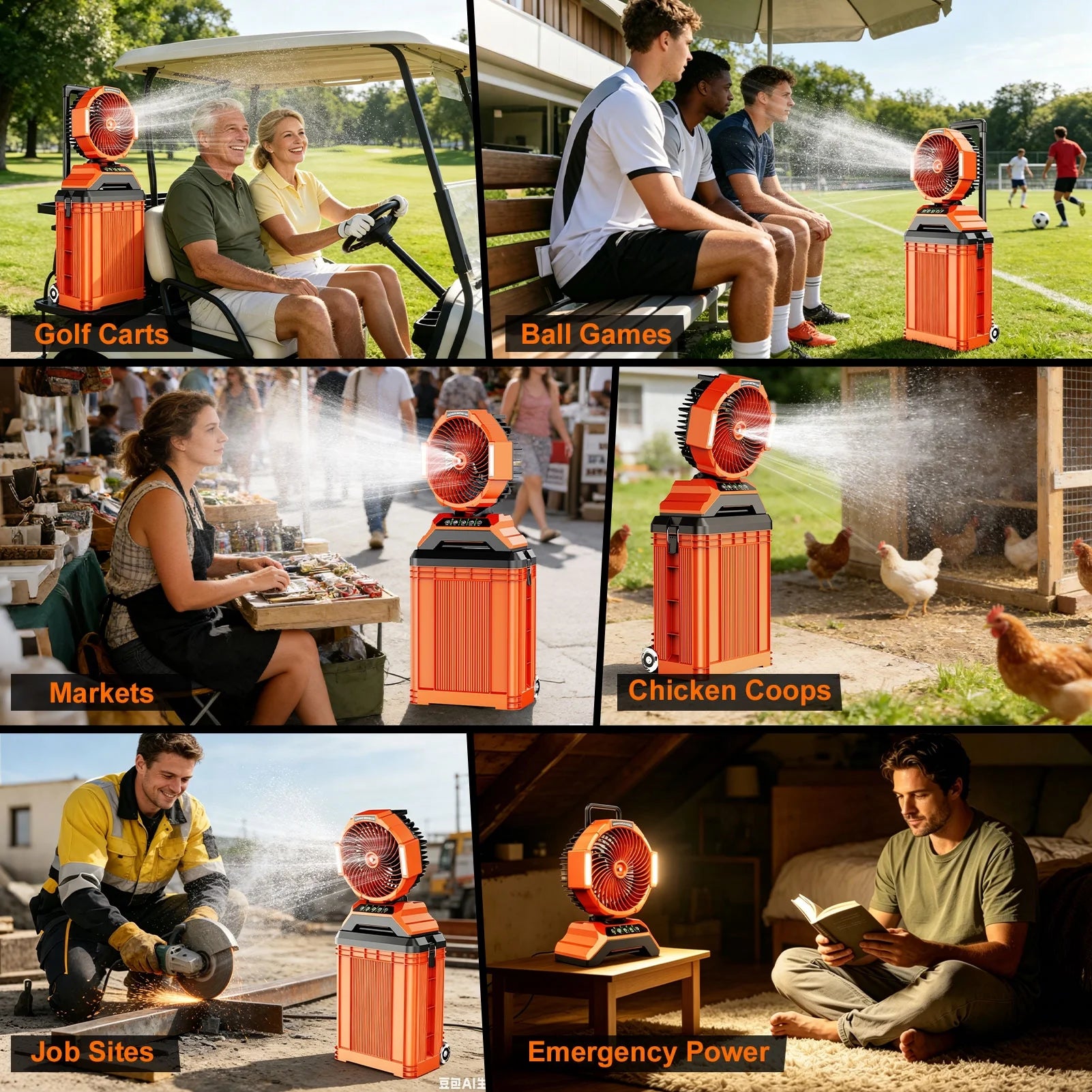 Portable Misting Fan with 15L Bucket, 30000Mah Outdoor Fans with Night Light, 9.5-Inch Camping Fan with Remote Control, 4 Wind Speed & 4 Spray Mister, for Patio,Fishing,Yard,Beach,Golf