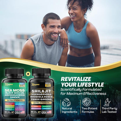 Dynamic Vitality Bundle: Premium Zoyava Sea Moss & Shilajit Supplements - Ultimate All-In-One Multivitamin with Extra Strength - Proudly Made in the USA