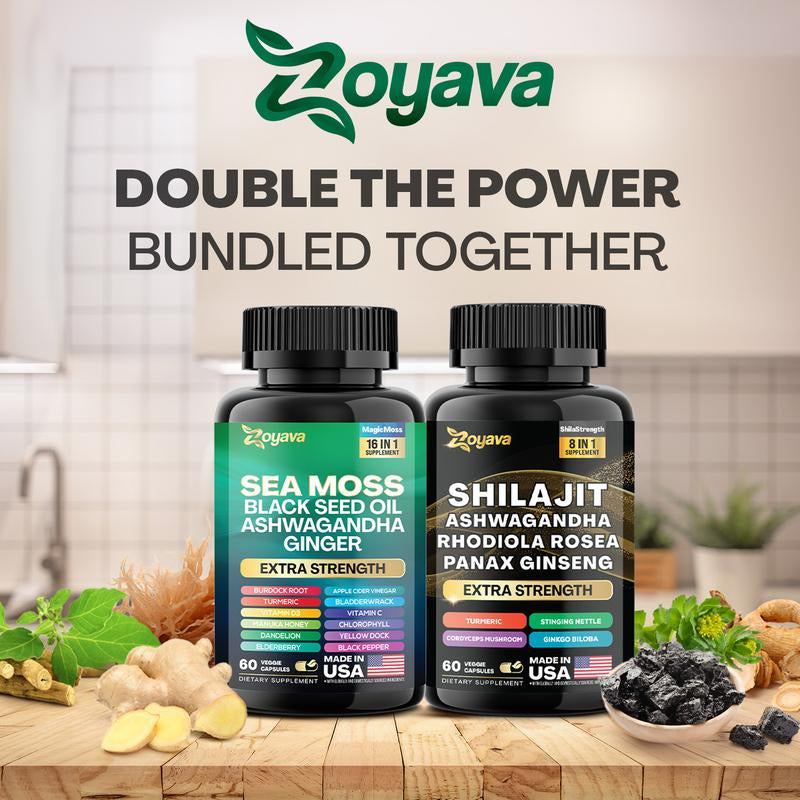 Dynamic Vitality Bundle: Premium Zoyava Sea Moss & Shilajit Supplements - Ultimate All-In-One Multivitamin with Extra Strength - Proudly Made in the USA